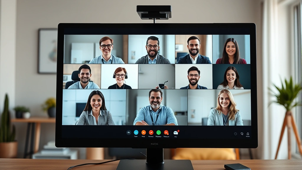 Diverse group of professionals in video conference call on computer screen, remote team meeting, modern home office backgroun