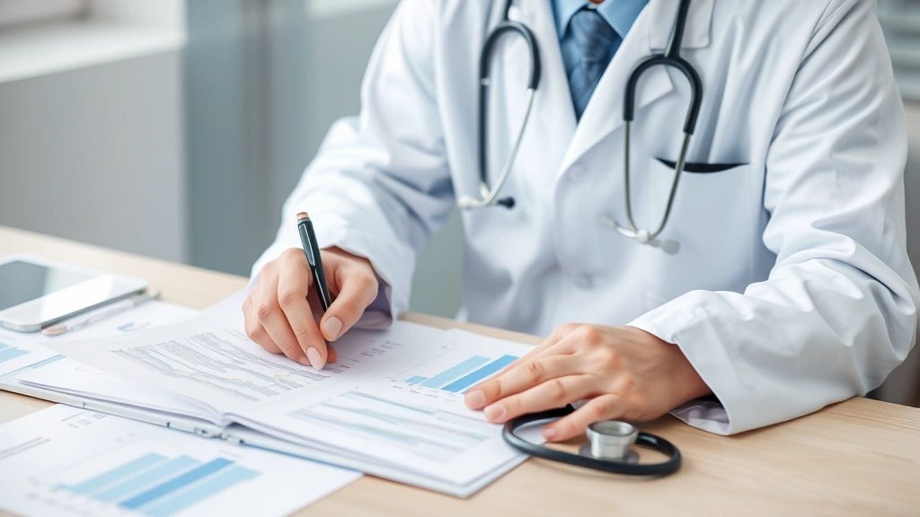 Doctor in white coat reviewing patient medical records and charts at desk with stethoscope