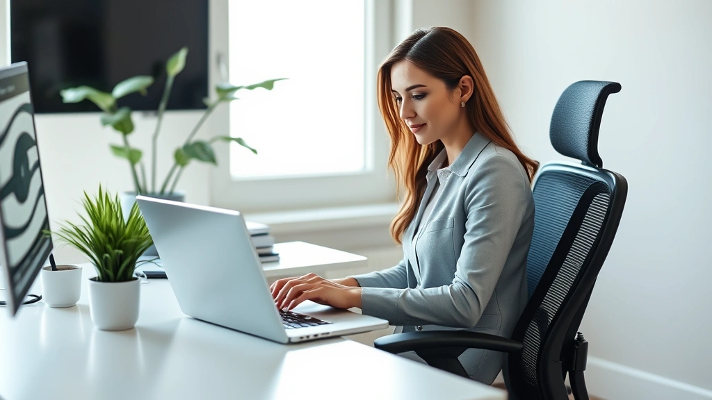 Professional woman working from home office with laptop ergonomic desk chair natural lighting