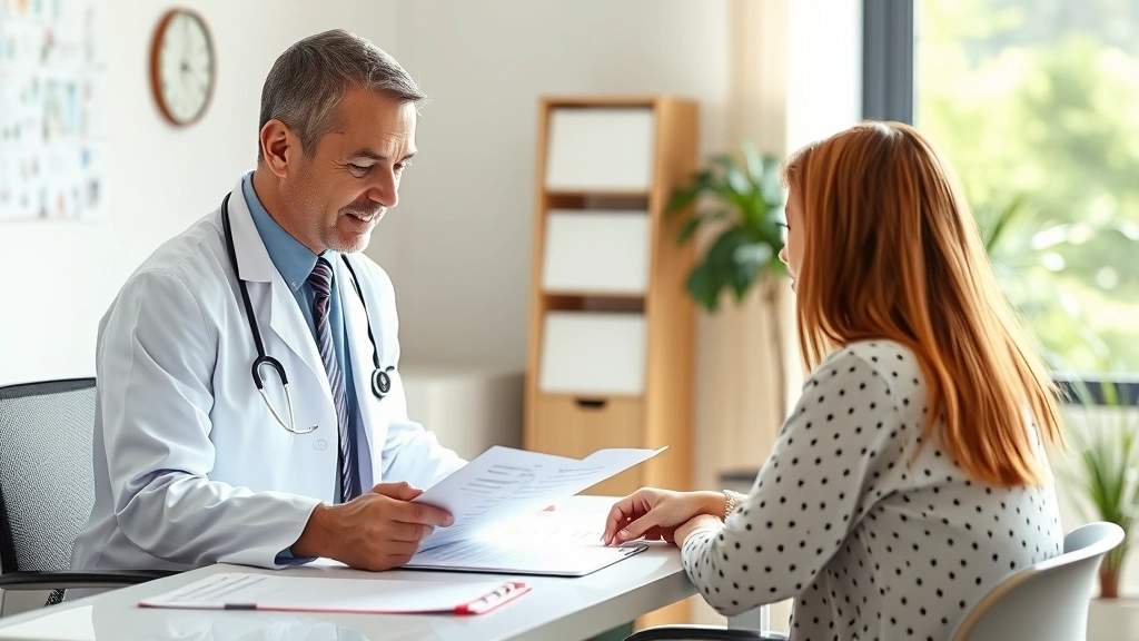 Doctor in white coat reviewing medical documents at desk with patient sitting across, supportive healthcare setting, natural