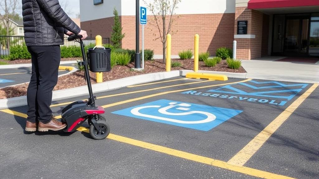 Person with mobility device standing near reserved accessible parking space in outdoor parking lot, accessible entrance nearb