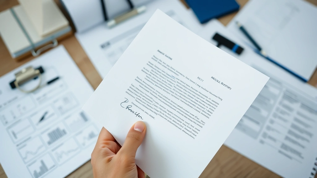 Close-up of hands holding medical letter with doctor letterhead and signature, organized medical documents in background, pro
