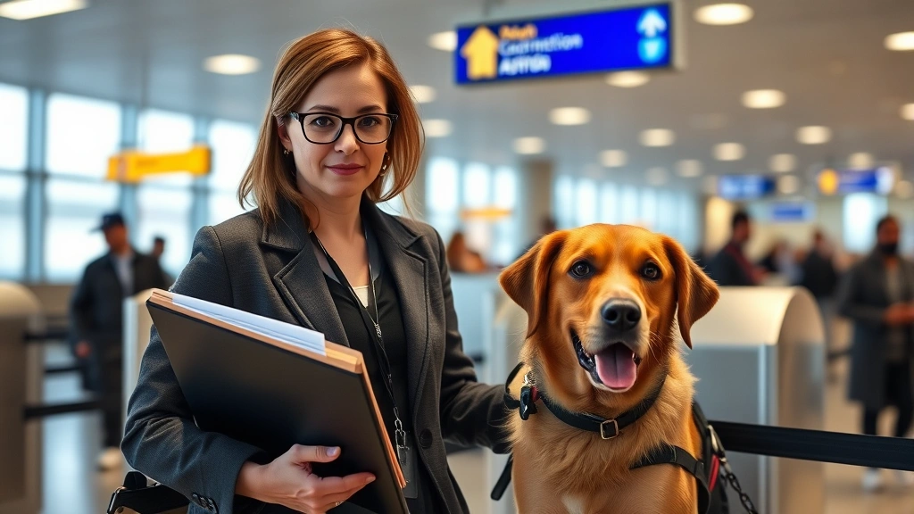 Woman with service dog at airport security checkpoint, professional attire, clear documentation folder