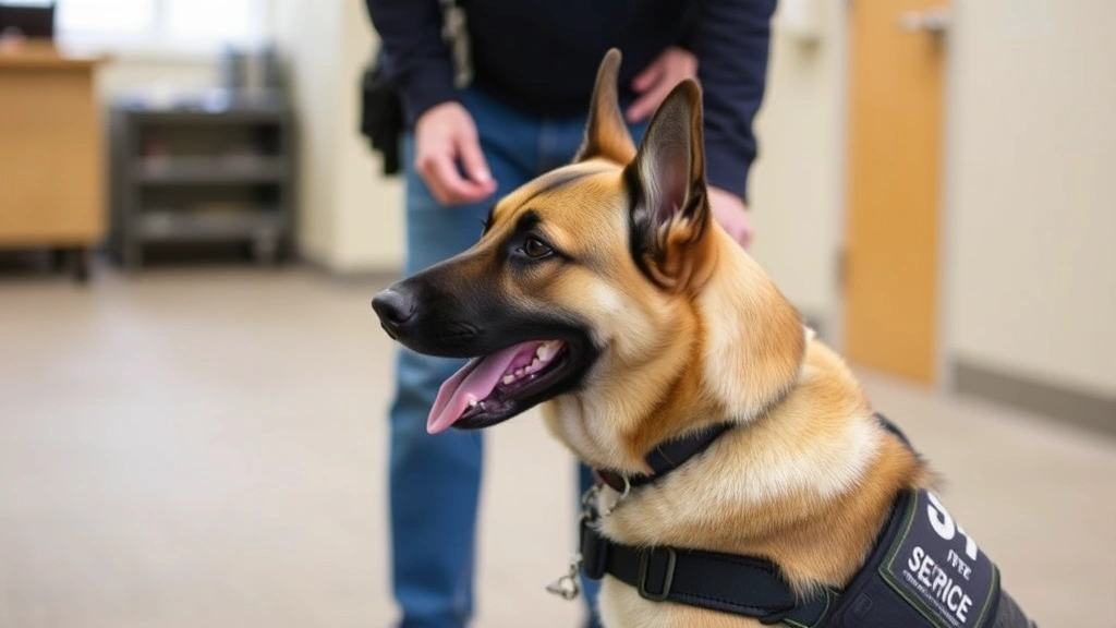 Service dog performing trained alert task, handler showing calm focused interaction, indoor setting