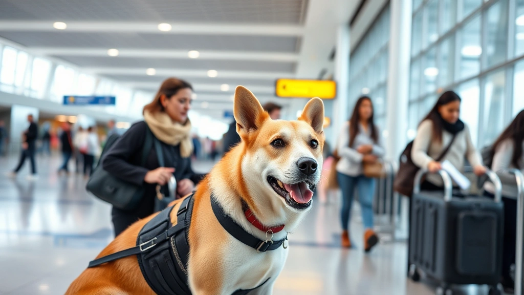 International airport terminal with diverse travelers, service dog in harness at gate area, professional environment