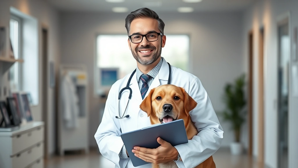 Smiling doctor in white coat holding clipboard with service dog in office setting, professional healthcare environment, warm