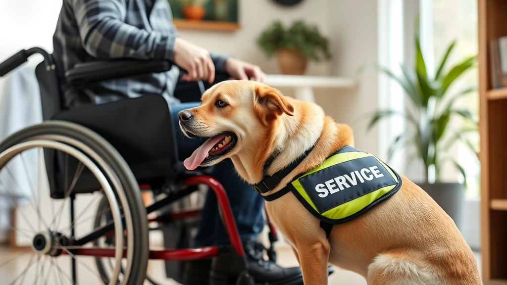 Service dog wearing vest assisting person in wheelchair in accessible home environment, task performance moment, natural dayl