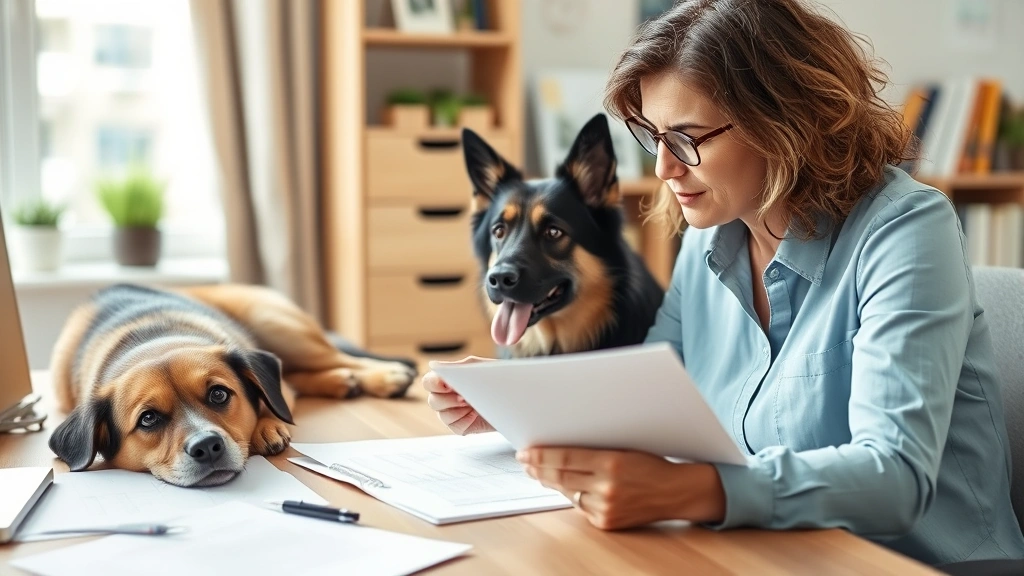 Diverse woman reviewing documents at desk with service dog resting nearby, paperwork and pen visible, home office setup