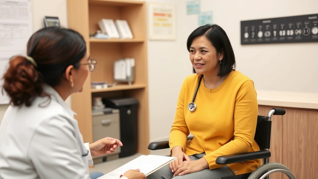 Woman with mobility aid consulting with healthcare provider in clinical office setting, discussing medical documentation