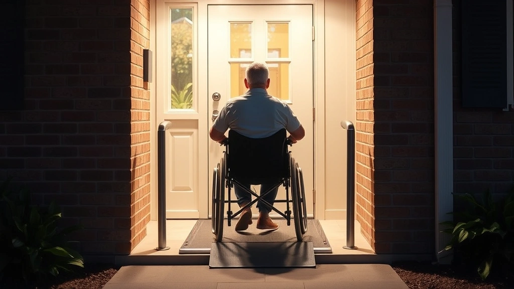 Person in wheelchair accessing accessible ground floor apartment entrance with ramp and handrails