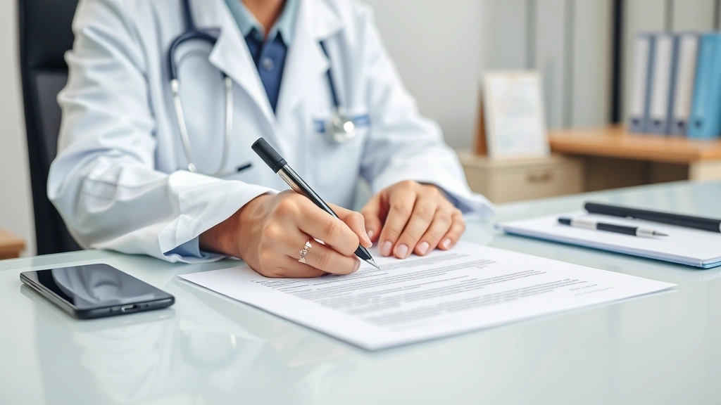 Healthcare provider signing medical documentation at desk with professional letterhead and credentials displayed