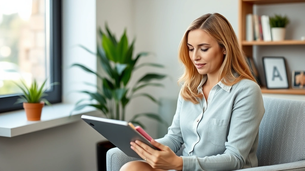 Licensed therapist in professional office setting holding tablet reviewing patient accommodation documents with compassionate