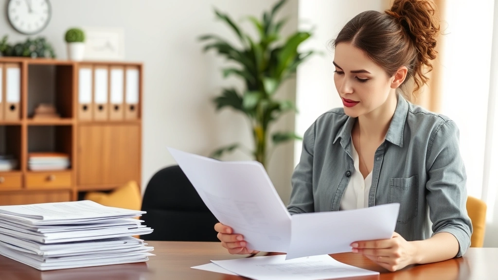 Professional woman reviewing accommodation documentation at desk with supportive expression and organized paperwork