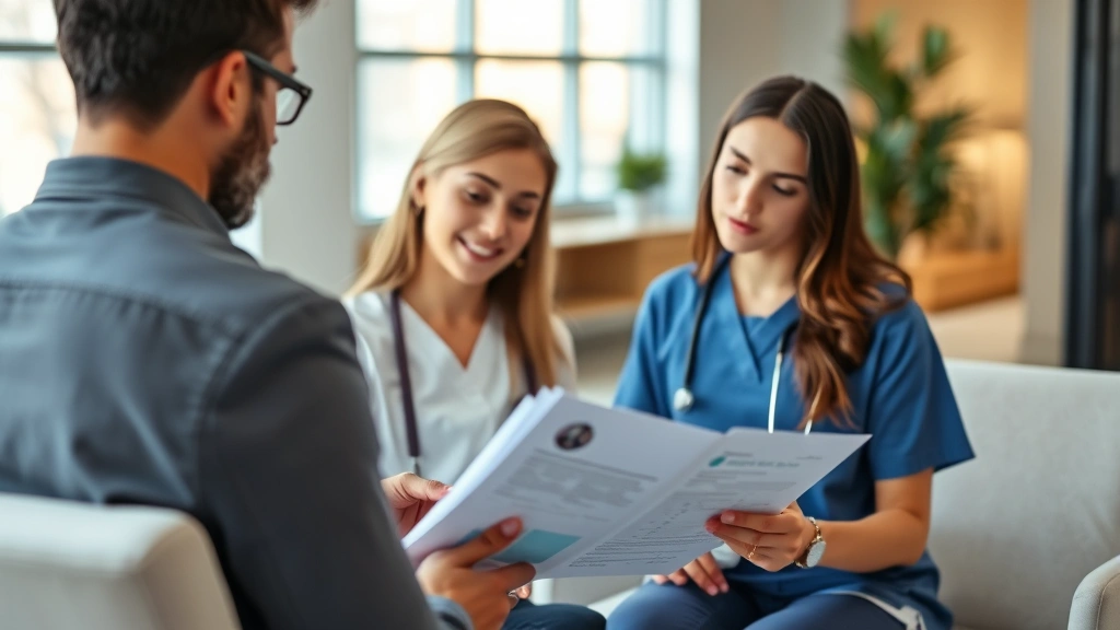 Person reviewing medical documents with healthcare provider in modern office setting, natural lighting, supportive atmosphere