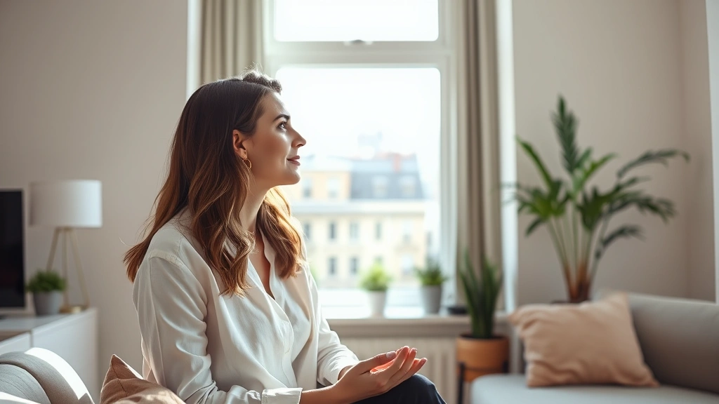 Professional woman in comfortable ground floor apartment looking out window with peaceful expression, sunlit space
