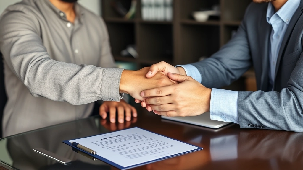 Diverse landlord and tenant shaking hands at desk with signed agreement, professional respectful interaction