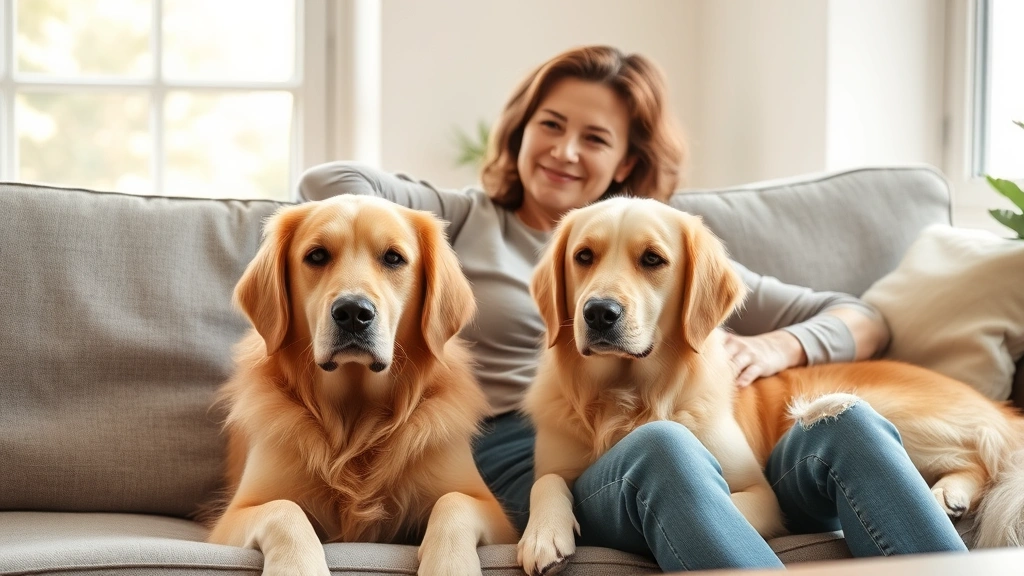 Woman sitting on couch with calm golden retriever dog beside her, natural sunlight, peaceful indoor setting, both looking rel