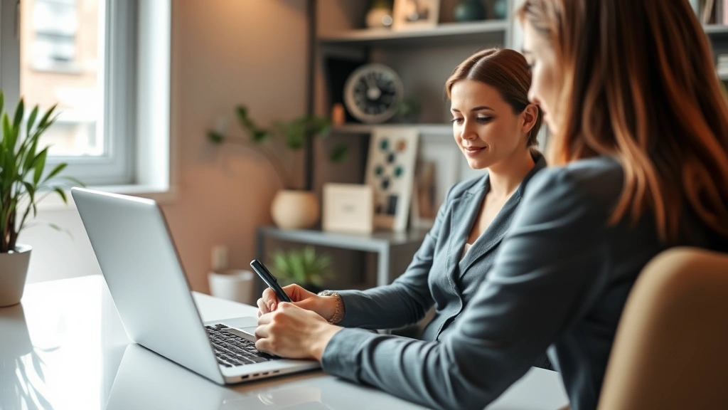 Licensed therapist in professional office taking notes during video consultation on laptop, warm lighting, plants in backgrou