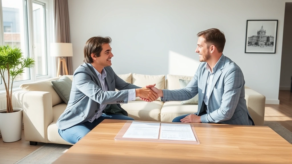 Tenant and landlord shaking hands in modern apartment living room, document on table, friendly professional interaction, neut