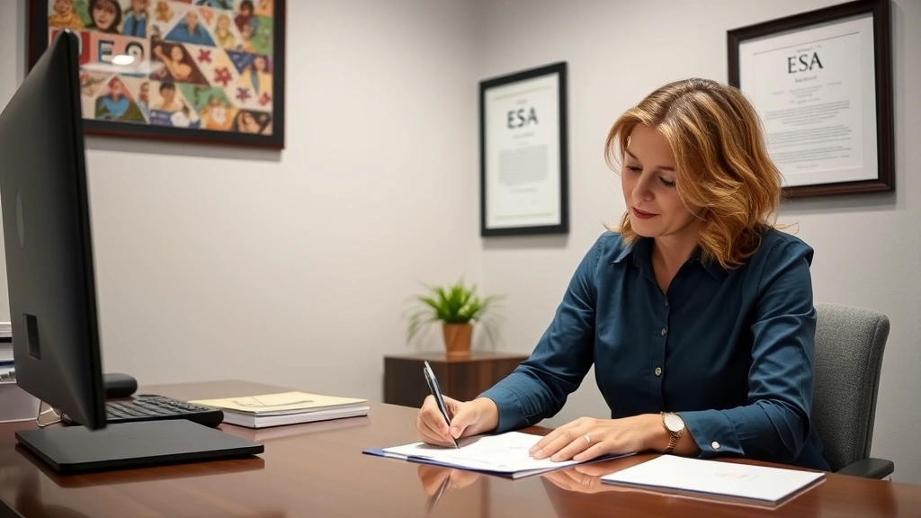 Licensed therapist in professional office writing ESA documentation at desk with certificate on wall