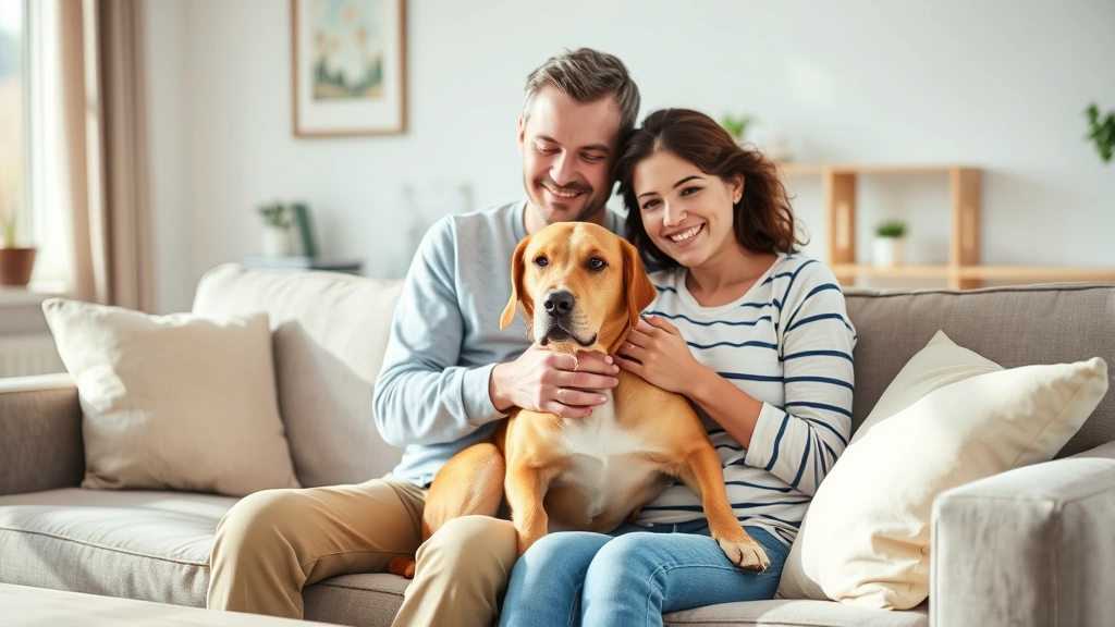 Person with calm emotional support dog sitting together on couch in bright living room, peaceful moment