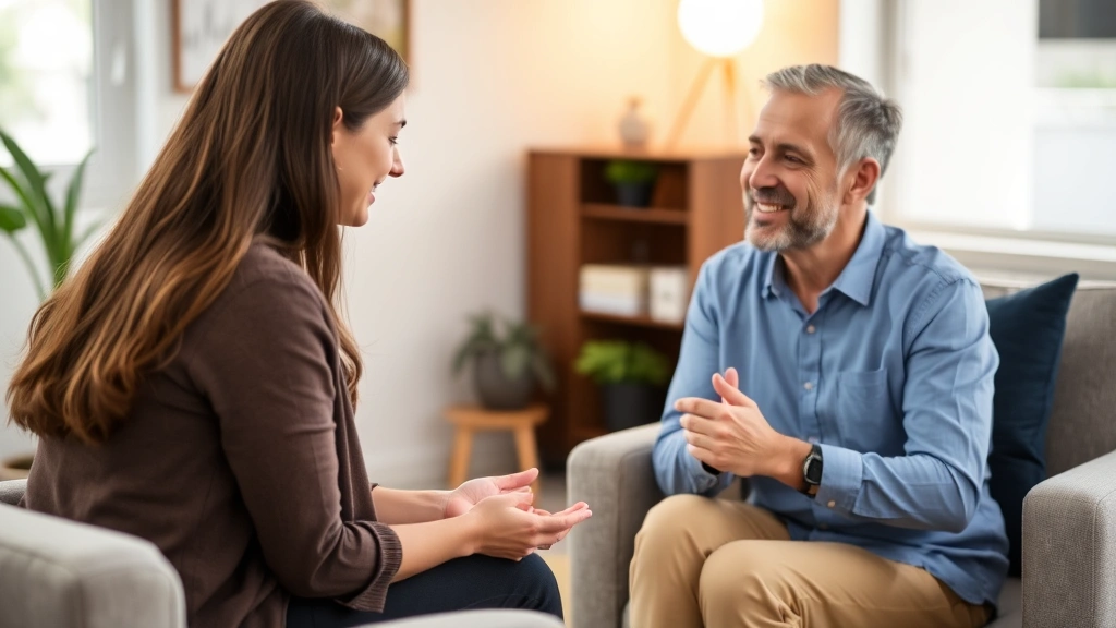 Licensed therapist conducting compassionate mental health consultation with patient in modern office setting, warm lighting,