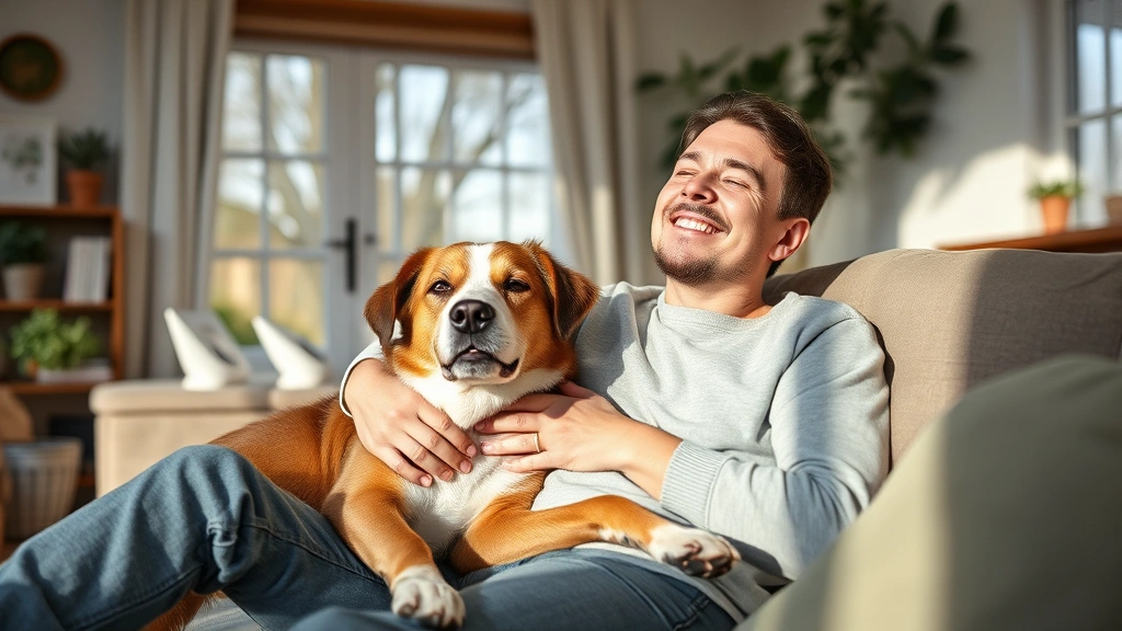 Happy person relaxing at home with emotional support dog, peaceful atmosphere, natural daylight, comfort and calm expression