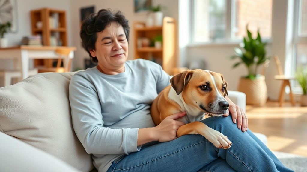 Person sitting peacefully with a calm dog resting on their lap in a bright living room, both looking relaxed and content