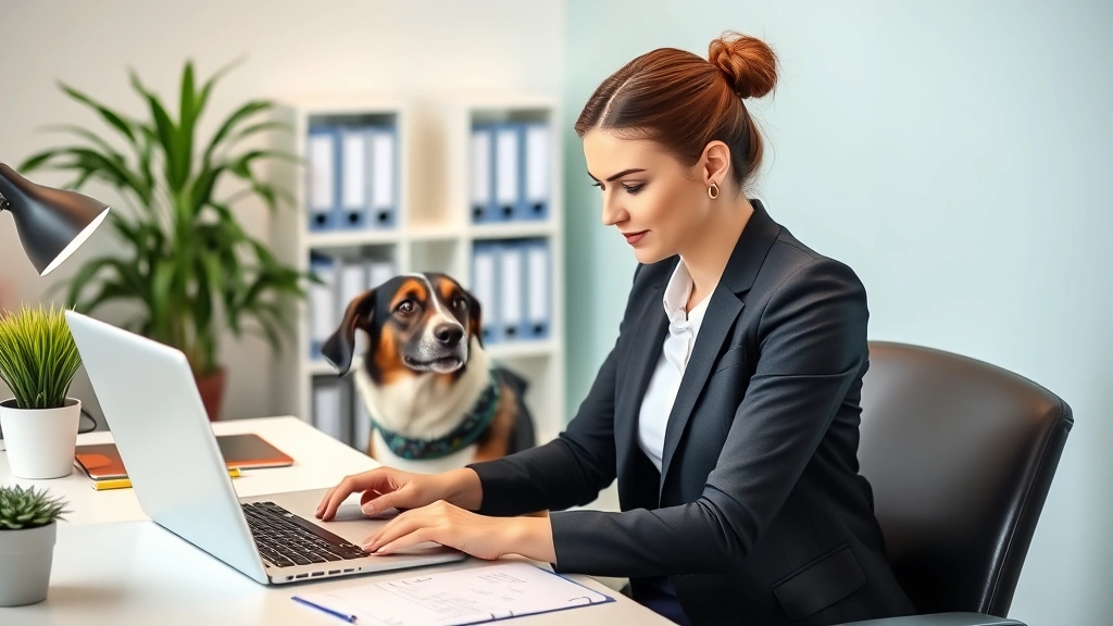 Professional woman at a desk with a dog beside her working on a laptop, demonstrating emotional support during work stress