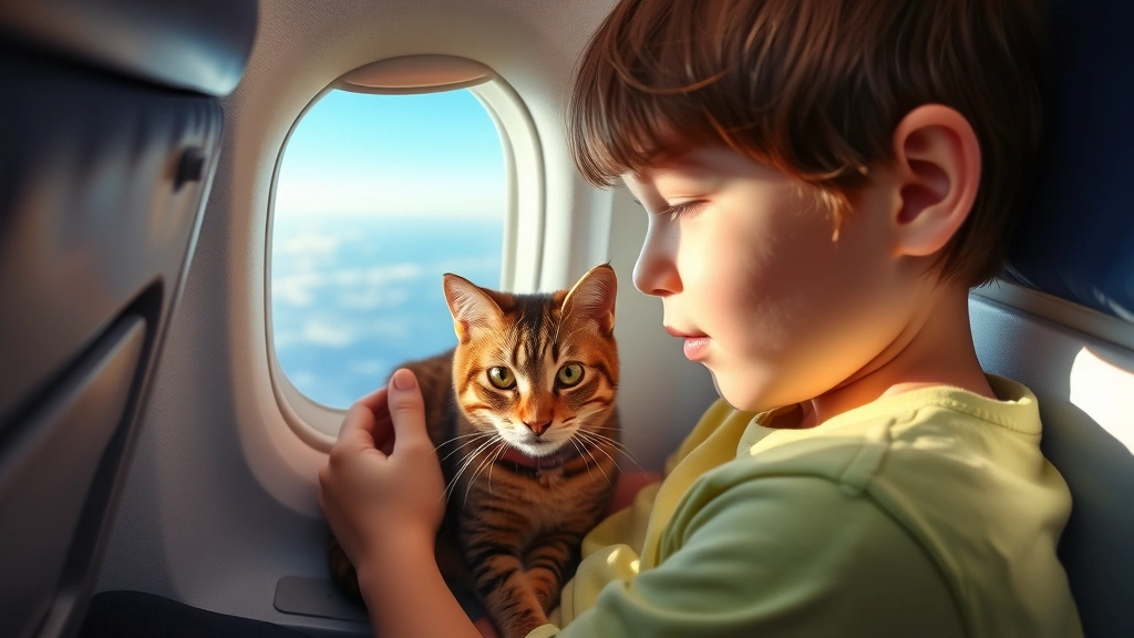 Young person with a cat in an airplane window seat, both calm and settled in during air travel
