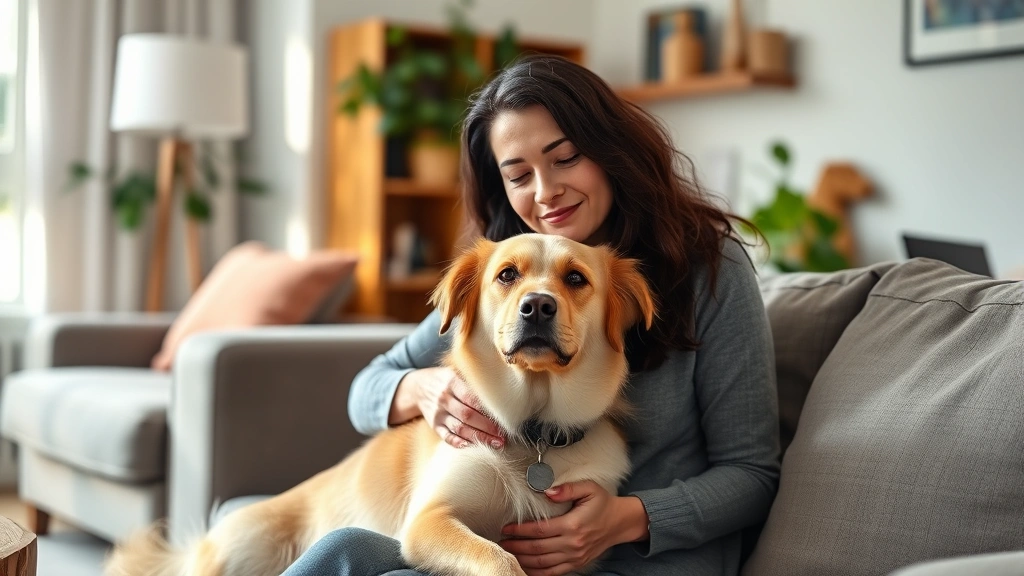 Woman sitting peacefully with her emotional support dog in a bright apartment living room, natural lighting, calm expression
