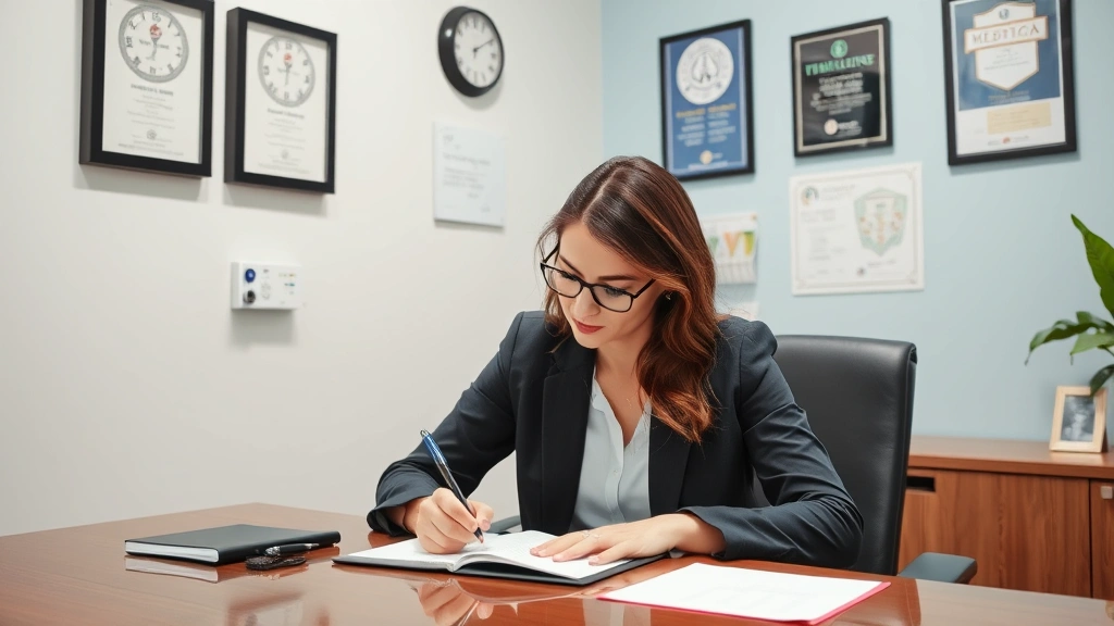 Licensed therapist writing clinical notes at desk with professional credentials displayed on wall, medical office setting