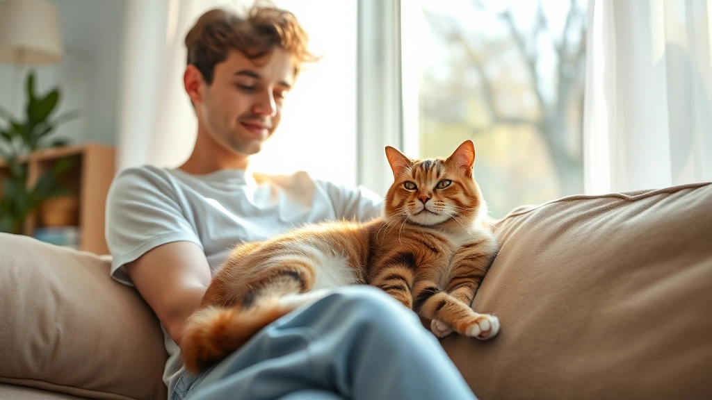 Young person with emotional support cat relaxing on apartment couch, sunlit window, peaceful atmosphere