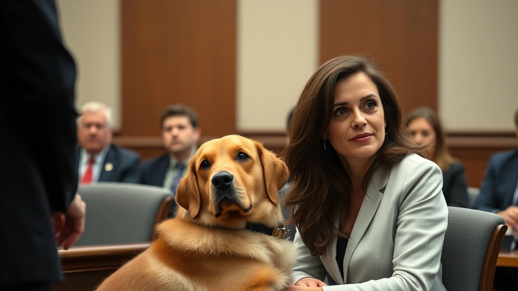 Woman sitting in courtroom with calm emotional support dog by her side during legal proceedings