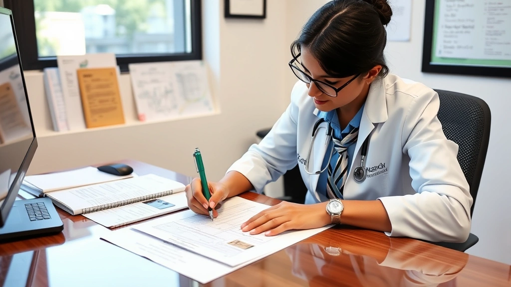 Licensed therapist writing medical documentation at desk with professional credentials displayed
