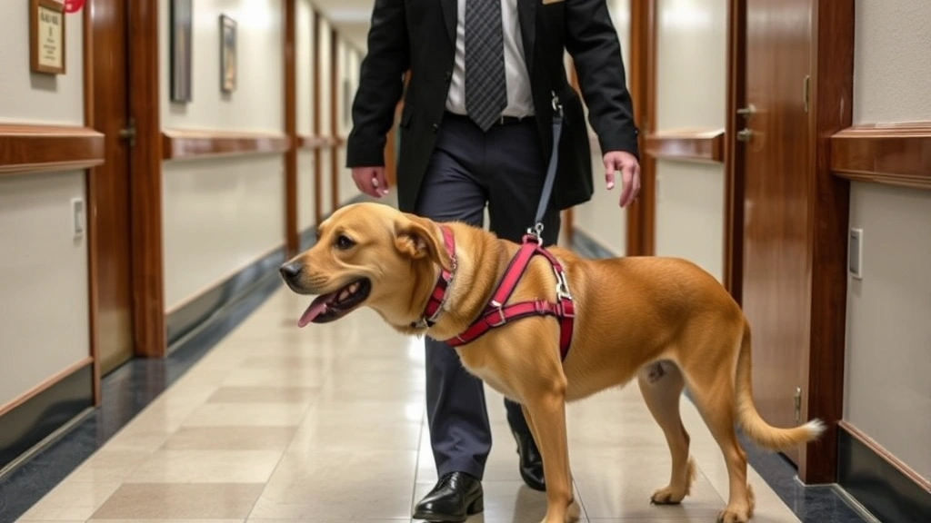 Person with emotional support animal in courthouse hallway demonstrating proper animal control and behavior