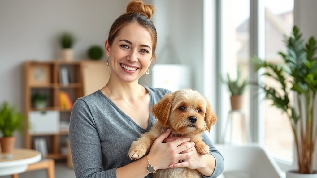 Woman with calm expression holding small dog in modern office setting with natural window light