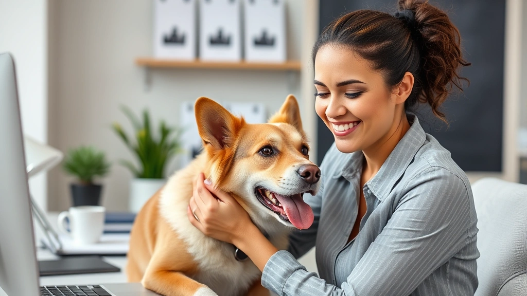 Professional woman at desk smiling while petting emotional support dog during work break