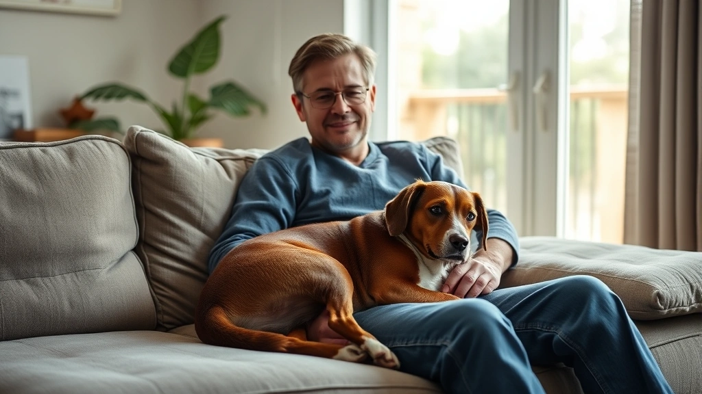 Person sitting on couch with calm dog resting on lap, natural window light, peaceful home interior