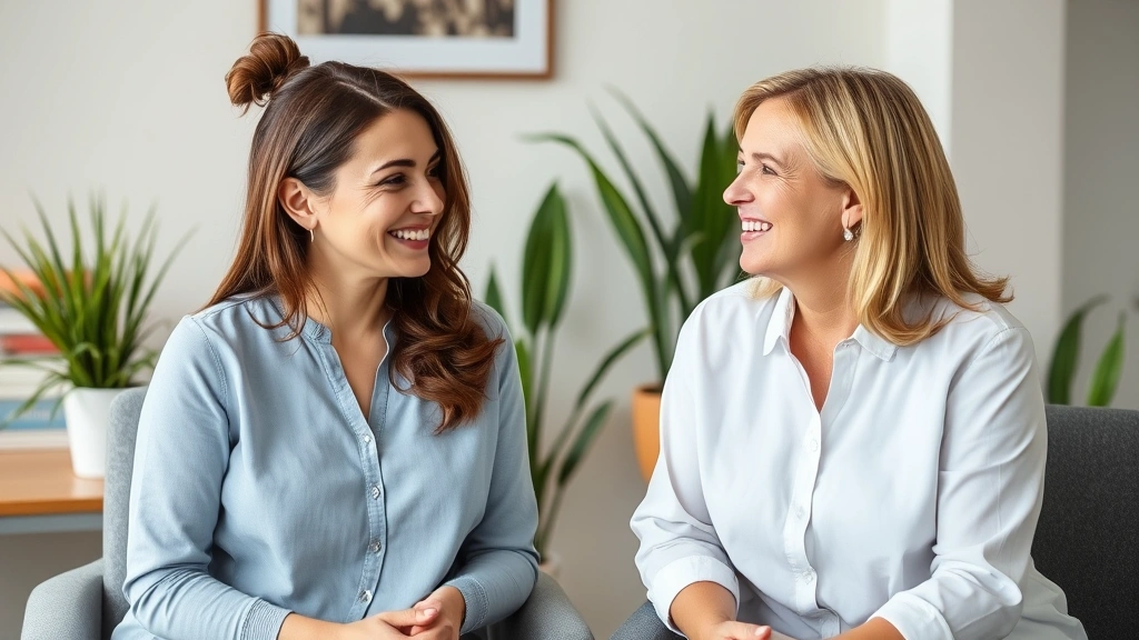 Woman talking with therapist in office setting, both smiling, professional environment with plants