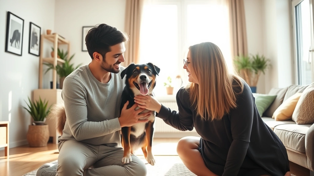 Couple with emotional support dog in new apartment, natural sunlight, welcoming and comfortable space