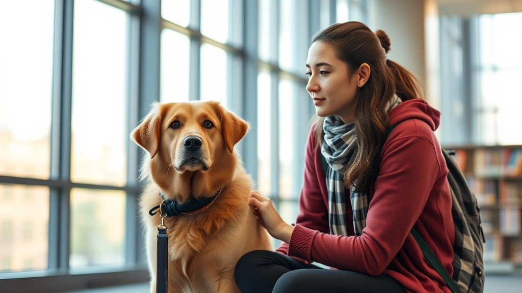 Student with therapy dog sitting in university library, both calm and focused, natural window lighting