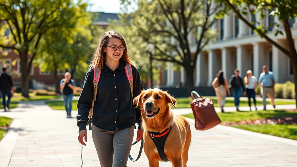 College campus quad with student walking with emotional support animal, sunny day, inclusive environment, diverse background