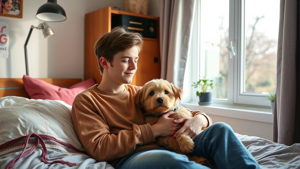 Student in dorm room with comforting emotional support animal, peaceful bedroom setting, natural light from window