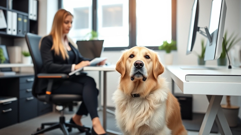 Professional woman in office with calm golden retriever dog under desk providing emotional support during work