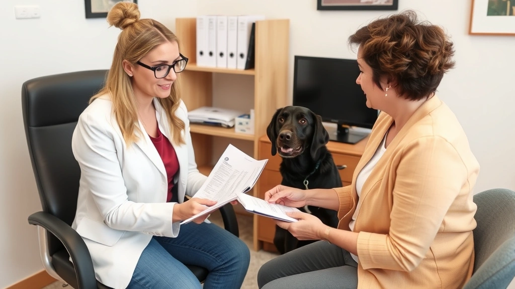 Licensed therapist in clinical office reviewing documents and notes about emotional support animal assessment
