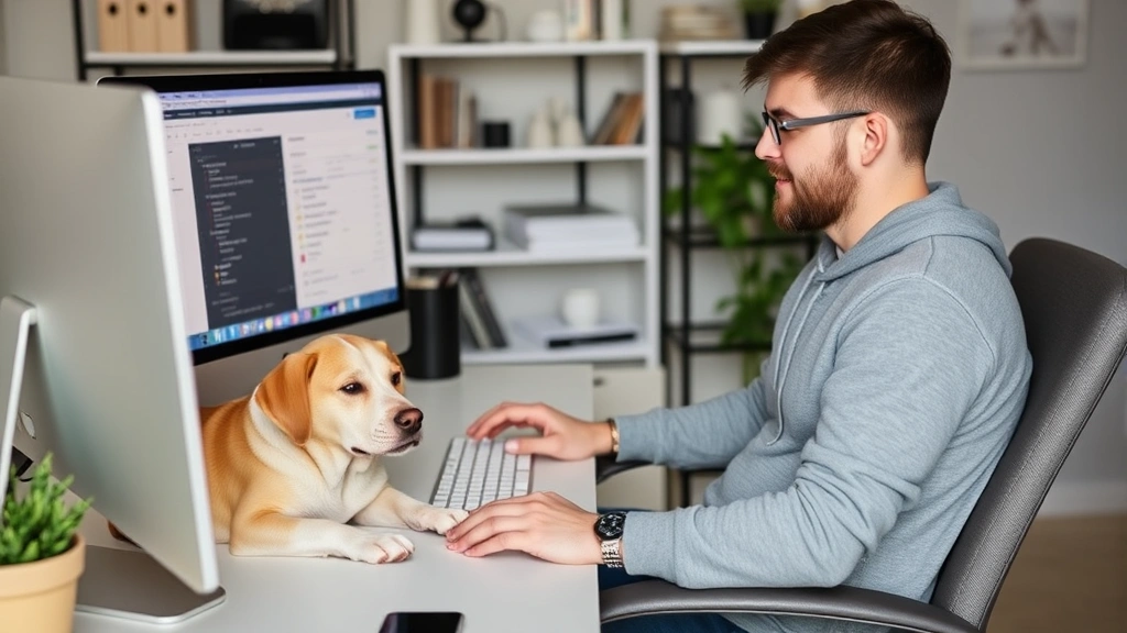 Person at computer workstation with peaceful dog companion nearby during remote work from home office