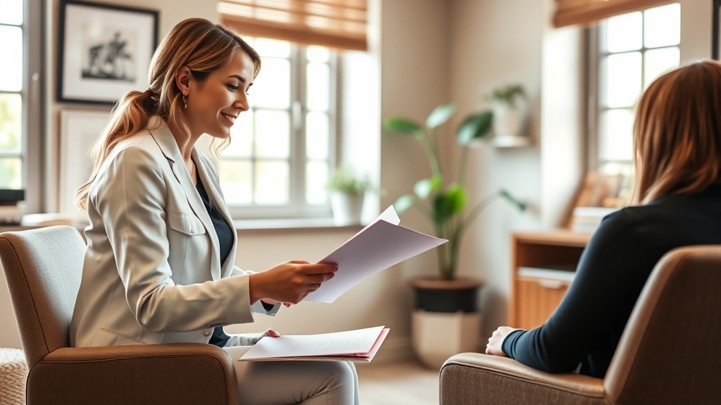 Licensed therapist in professional office setting reviewing documents with client, warm and supportive environment, natural l