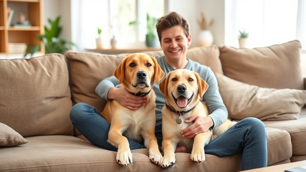 Person sitting peacefully with emotional support dog at home on comfortable furniture, relaxed body language, bright living r