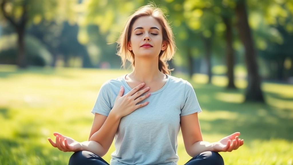 Woman sitting peacefully outdoors in natural sunlight, hands on chest, eyes closed, practicing deep breathing exercise. Serene park setting with soft green grass and trees. Calm facial expression, peaceful body language, wellness focus, photorealistic.